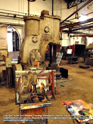 Oil painting of blacksmiths at the forge inthe Australian Technology Park, Eveleigh Railway Workshops painted by industrial heritage artist Jane Bennett